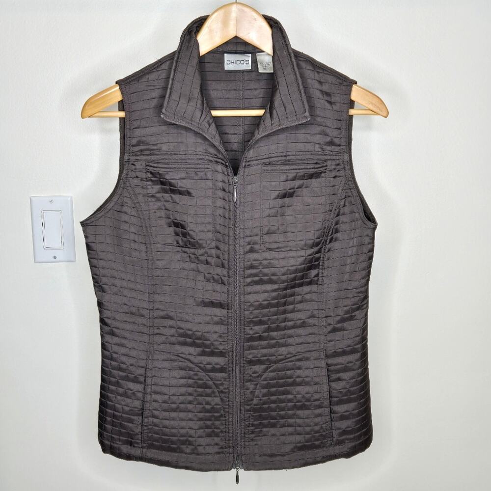 Chico's Quilted Dark Green/Gray Quilted Waffle Pattern 2way Zip Vest Sz 0/Small